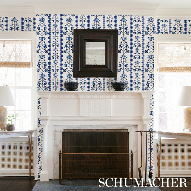 Delft Waves Blue by Marie-Anne Oudejans Floral Stripe Wallpaper – Schumacher 5014380
