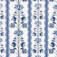 Delft Waves blue and white floral and wavy stripe wallpaper by Marie-Anne Oudejans for Schumacher, shown in styled and close-up views.