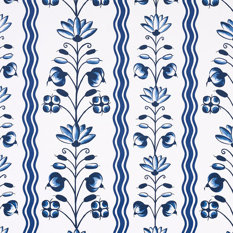 Delft Waves blue and white floral and wavy stripe wallpaper by Marie-Anne Oudejans for Schumacher, shown in styled and close-up views.