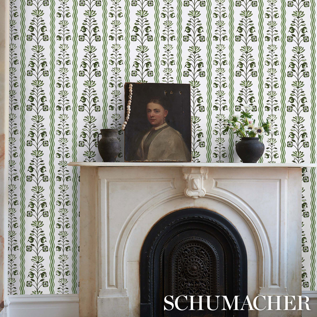 Delft Waves Green by Schumacher Hand-Painted Floral Stripe Wallpaper – Marie-Anne Oudejans 5014381