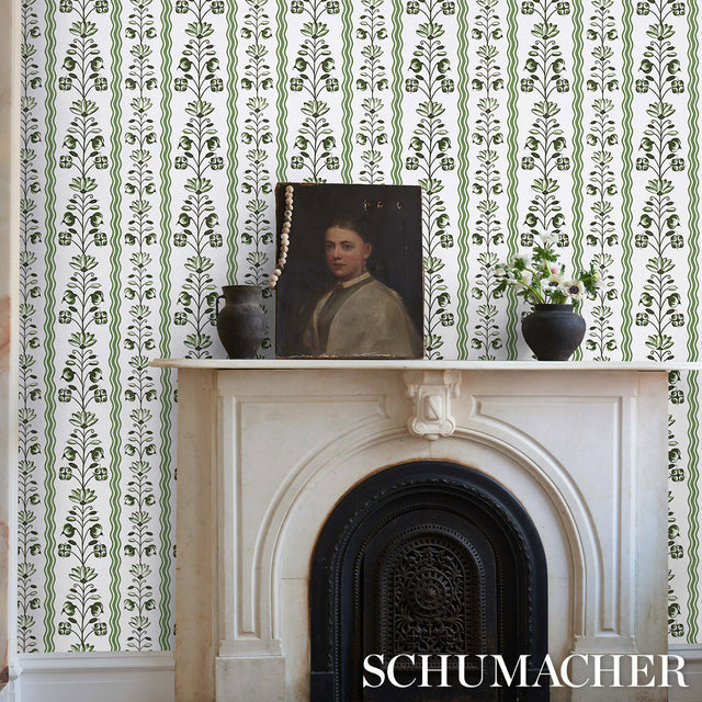 Delft Waves Green by Schumacher Hand-Painted Floral Stripe Wallpaper – Marie-Anne Oudejans 5014381