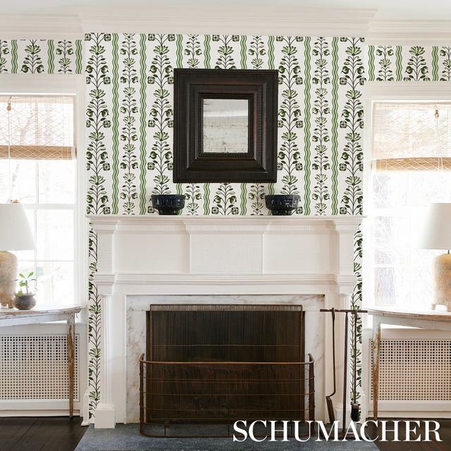 Delft Waves Green by Schumacher Hand-Painted Floral Stripe Wallpaper – Marie-Anne Oudejans 5014381