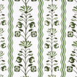 Delft Waves green wallpaper by Schumacher, featuring stylized flowers and wavy stripes in a hand-painted look, designed by Marie-Anne Oudejans.