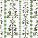 Delft Waves green wallpaper by Schumacher, featuring stylized flowers and wavy stripes in a hand-painted look, designed by Marie-Anne Oudejans.