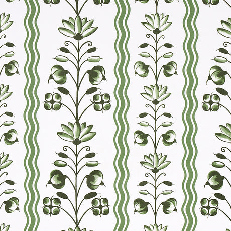 Delft Waves green wallpaper by Schumacher, featuring stylized flowers and wavy stripes in a hand-painted look, designed by Marie-Anne Oudejans.