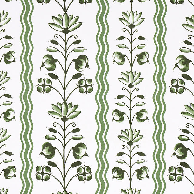 Delft Waves green wallpaper by Schumacher, featuring stylized flowers and wavy stripes in a hand-painted look, designed by Marie-Anne Oudejans.