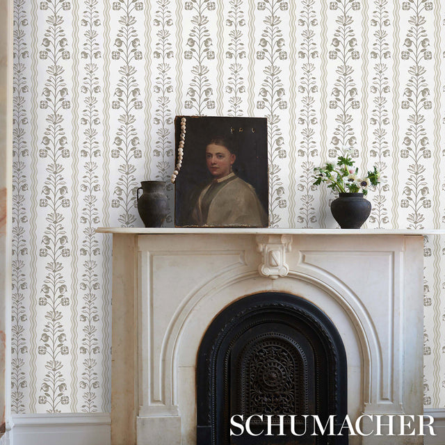 Delft Waves Neutral by Schumacher Hand-Painted Floral Stripe Wallpaper – Marie-Anne Oudejans 5014382