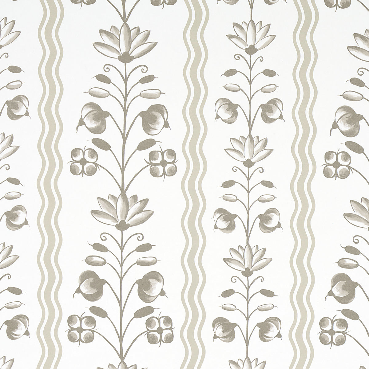 Delft Waves wallpaper in neutral by Schumacher, featuring stylized flowers and curvy stripes in a hand-painted look.