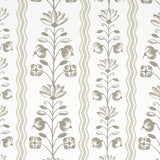 Delft Waves wallpaper in neutral by Schumacher, featuring stylized flowers and curvy stripes in a hand-painted look.