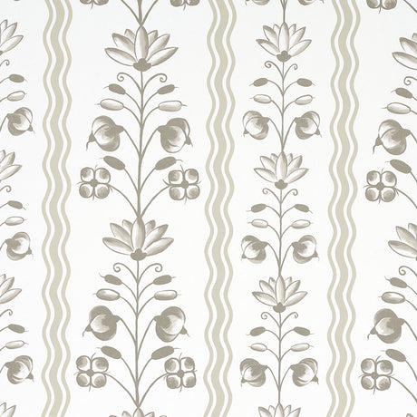 Delft Waves wallpaper in neutral by Schumacher, featuring stylized flowers and curvy stripes in a hand-painted look.