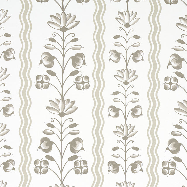 Delft Waves wallpaper in neutral by Schumacher, featuring stylized flowers and curvy stripes in a hand-painted look.