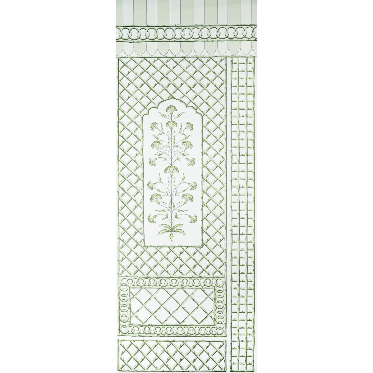Bamboo Trellis Panel A in green by Marie-Anne Oudejans for Schumacher, a chic lattice wallpaper panel with stylized floral inset.
