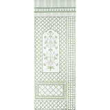 Bamboo Trellis Panel A in green by Marie-Anne Oudejans for Schumacher, a chic lattice wallpaper panel with stylized floral inset.