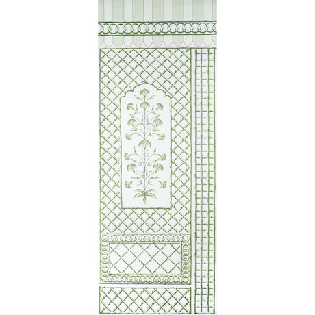 Bamboo Trellis Panel A in green by Marie-Anne Oudejans for Schumacher, a chic lattice wallpaper panel with stylized floral inset.