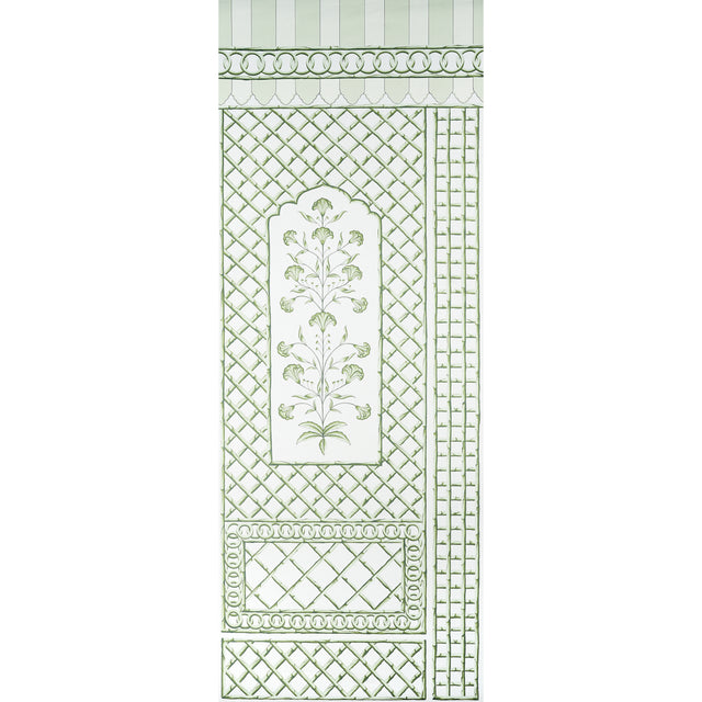 Bamboo Trellis Panel A in green by Marie-Anne Oudejans for Schumacher, a chic lattice wallpaper panel with stylized floral inset.