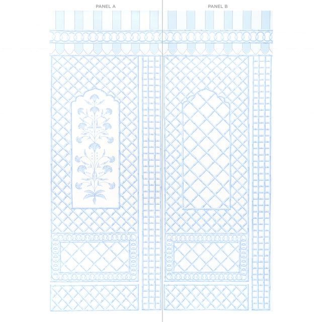 Bamboo Trellis Panel A Blue by Marie-Anne Oudejans Lattice Scenic Wallpaper Panel – Schumacher 5014391
