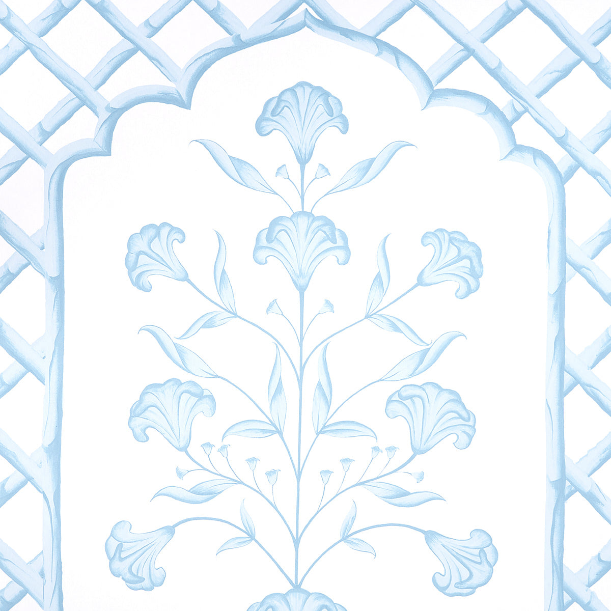 Bamboo Trellis Panel A Blue by Marie-Anne Oudejans Lattice Scenic Wallpaper Panel – Schumacher 5014391