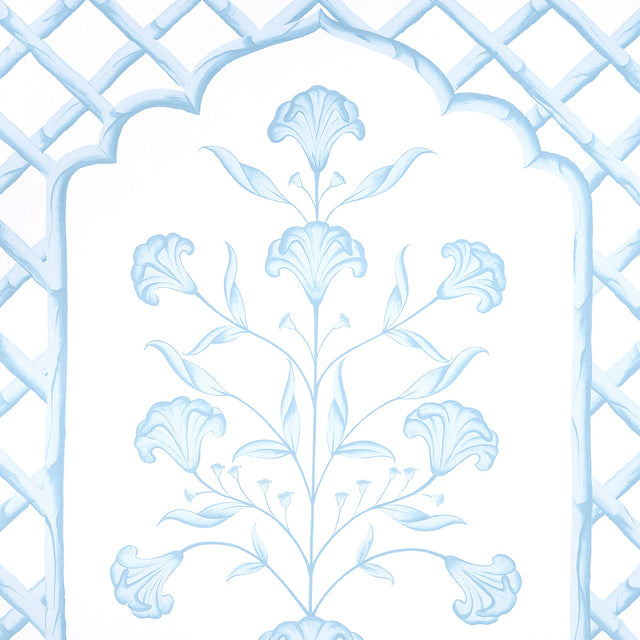 Bamboo Trellis Panel A Blue by Marie-Anne Oudejans Lattice Scenic Wallpaper Panel – Schumacher 5014391