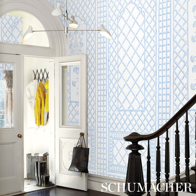 Bamboo Trellis Panel A Blue by Marie-Anne Oudejans Lattice Scenic Wallpaper Panel – Schumacher 5014391