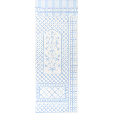 Bamboo Trellis Panel A in blue by Marie-Anne Oudejans for Schumacher. Chic lattice wallpaper panel with stylized floral inset, inspired by Jaipur decorative painting.