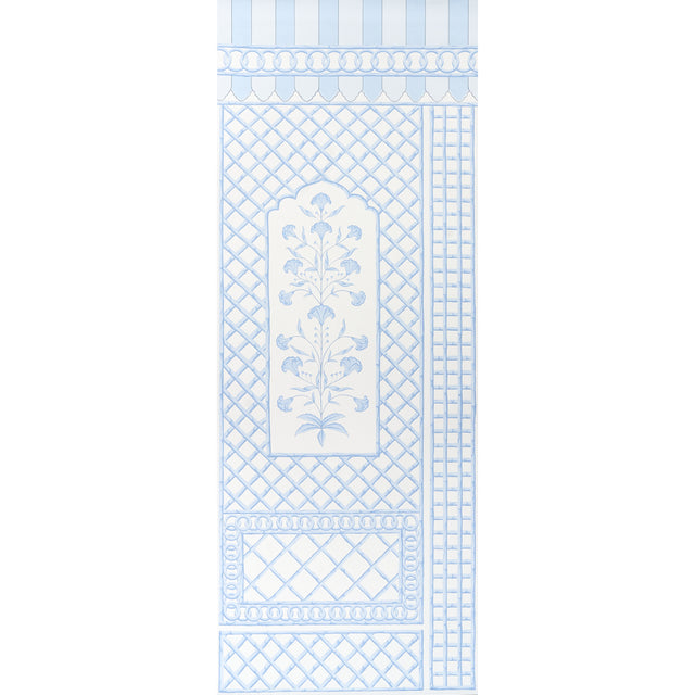 Bamboo Trellis Panel A in blue by Marie-Anne Oudejans for Schumacher. Chic lattice wallpaper panel with stylized floral inset, inspired by Jaipur decorative painting.
