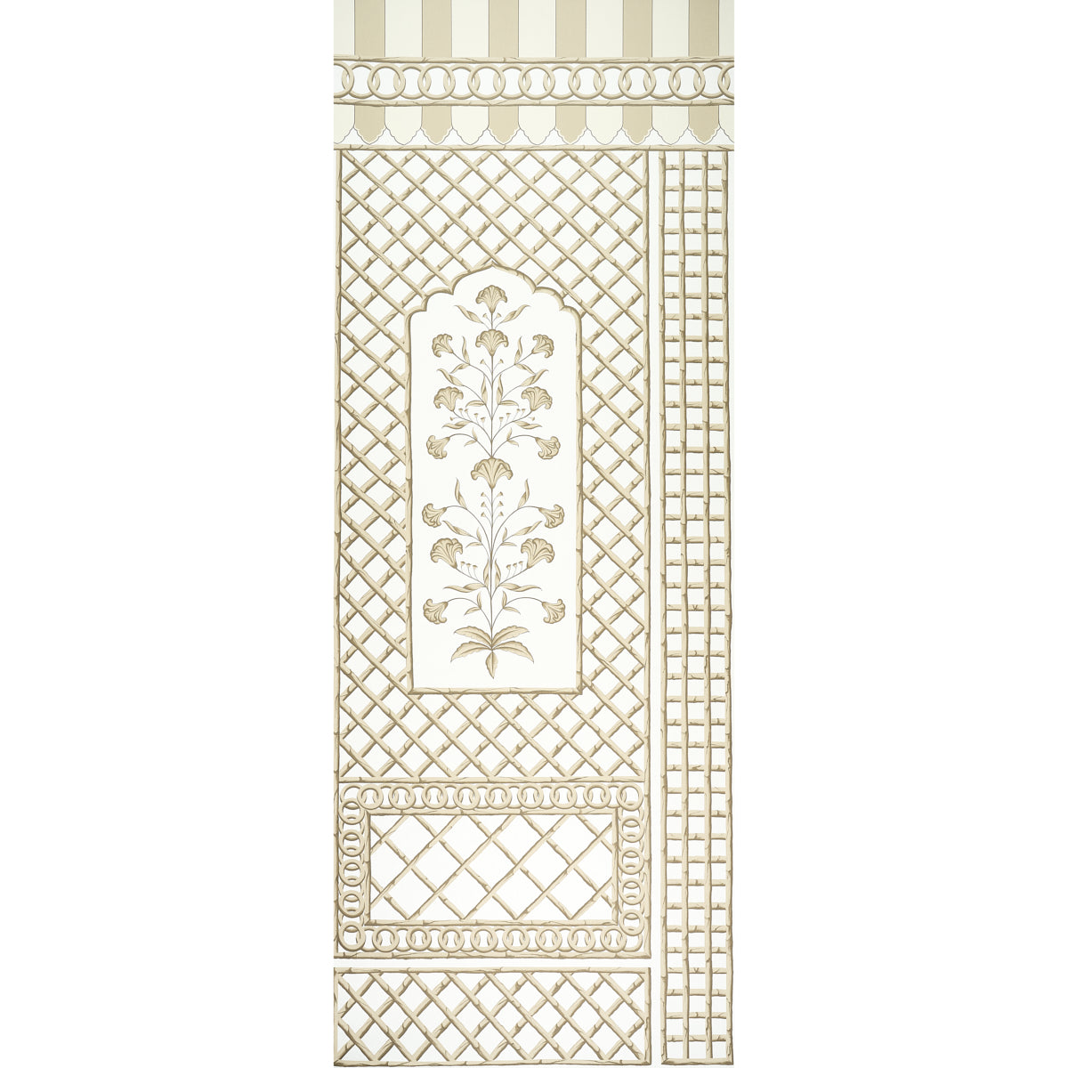 Bamboo Trellis Panel A wallpaper in neutral by Marie-Anne Oudejans for Schumacher, featuring a chic lattice and floral design.