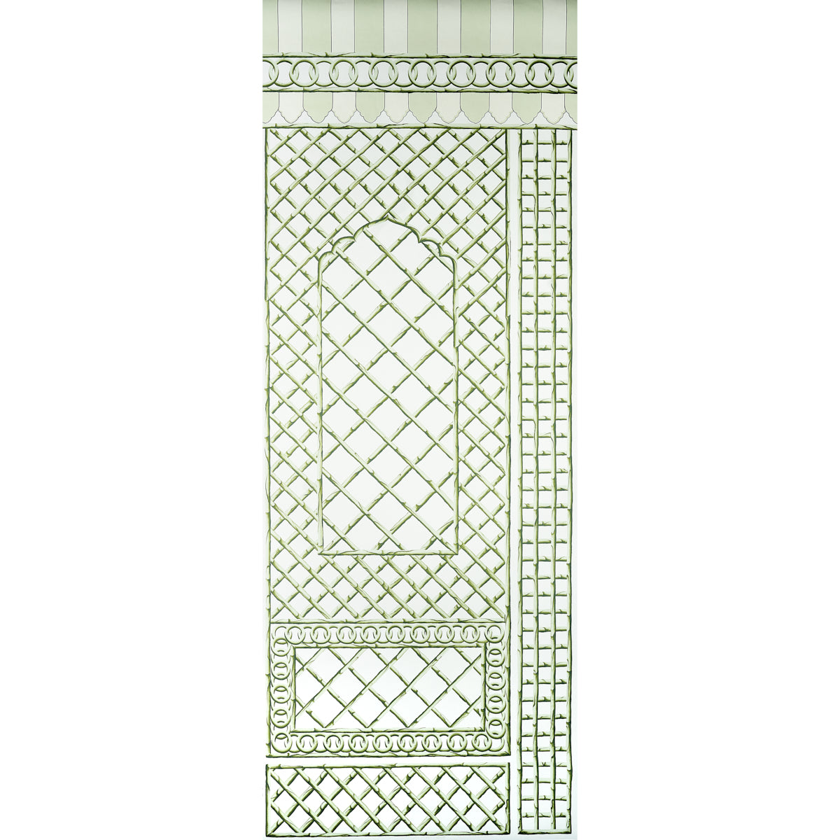 Bamboo Trellis Panel B in green by Marie-Anne Oudejans for Schumacher, a chic lattice wallpaper panel with bamboo trellis design.