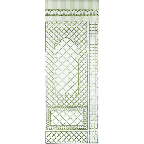 Bamboo Trellis Panel B in green by Marie-Anne Oudejans for Schumacher, a chic lattice wallpaper panel with bamboo trellis design.