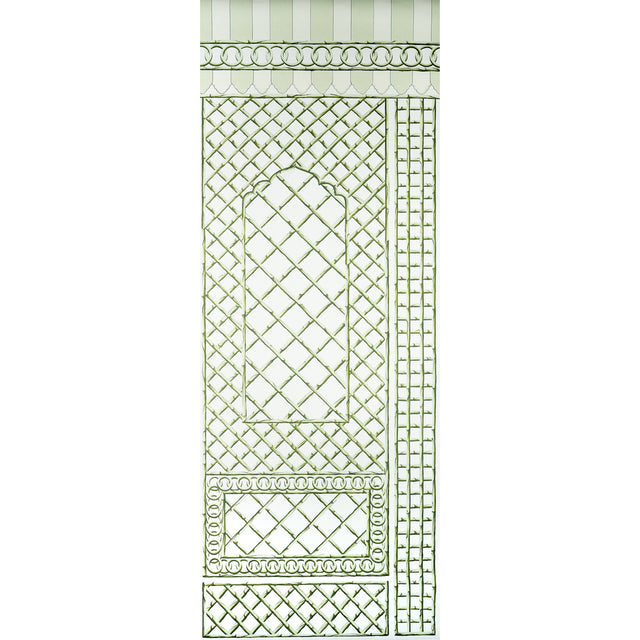 Bamboo Trellis Panel B in green by Marie-Anne Oudejans for Schumacher, a chic lattice wallpaper panel with bamboo trellis design.