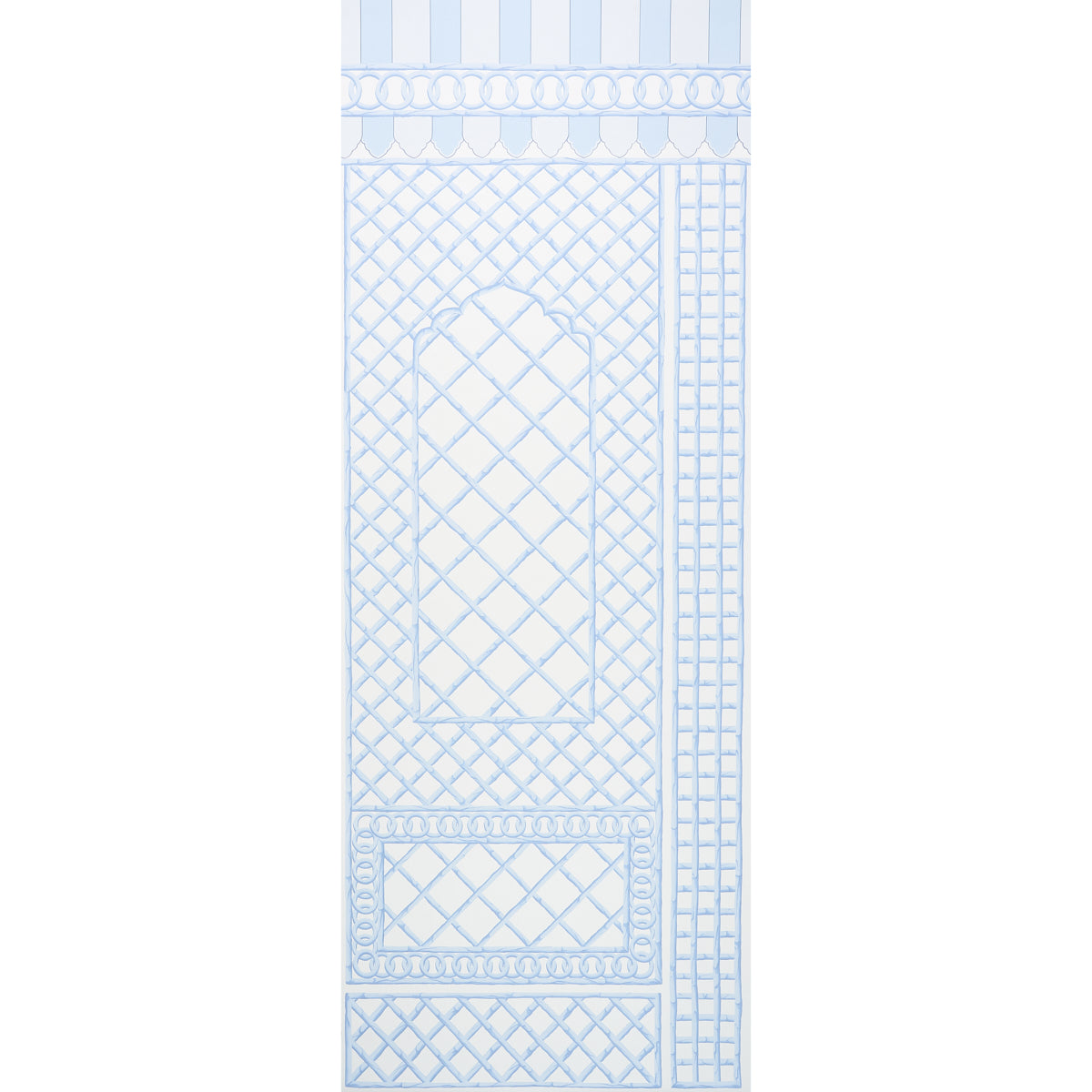 Bamboo Trellis Panel B in blue by Marie-Anne Oudejans for Schumacher. Chic lattice wallpaper panel inspired by Jaipur decorative painting.