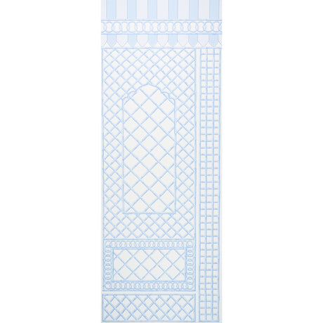 Bamboo Trellis Panel B in blue by Marie-Anne Oudejans for Schumacher. Chic lattice wallpaper panel inspired by Jaipur decorative painting.