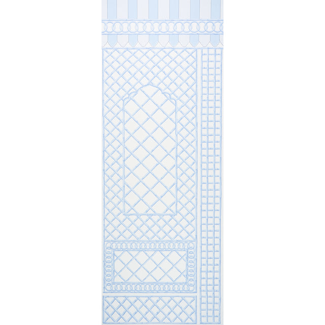 Bamboo Trellis Panel B in blue by Marie-Anne Oudejans for Schumacher. Chic lattice wallpaper panel inspired by Jaipur decorative painting.