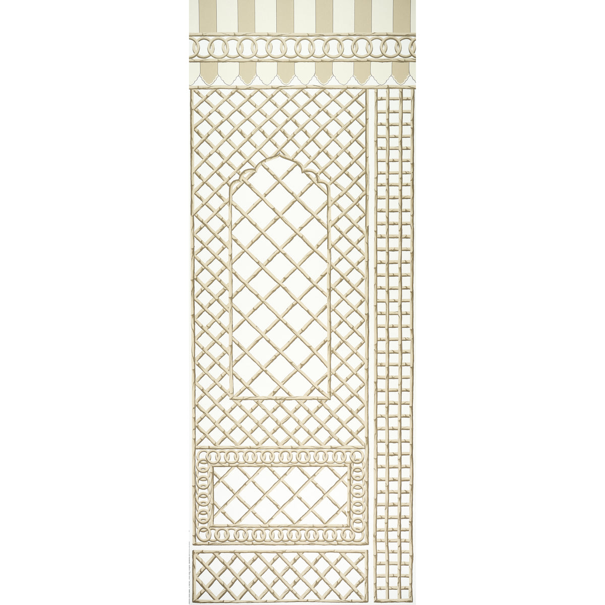 Bamboo Trellis Panel B wallpaper in neutral by Marie-Anne Oudejans for Schumacher, featuring a chic lattice design inspired by Jaipur decorative painting.