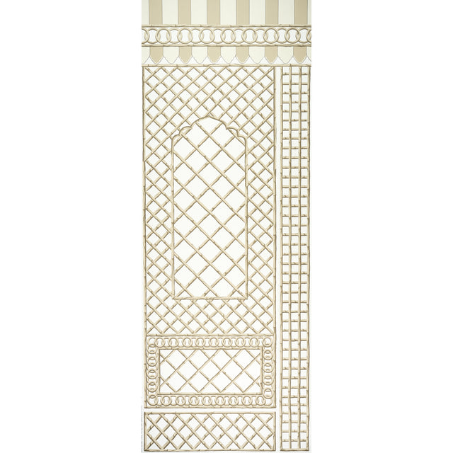 Bamboo Trellis Panel B wallpaper in neutral by Marie-Anne Oudejans for Schumacher, featuring a chic lattice design inspired by Jaipur decorative painting.