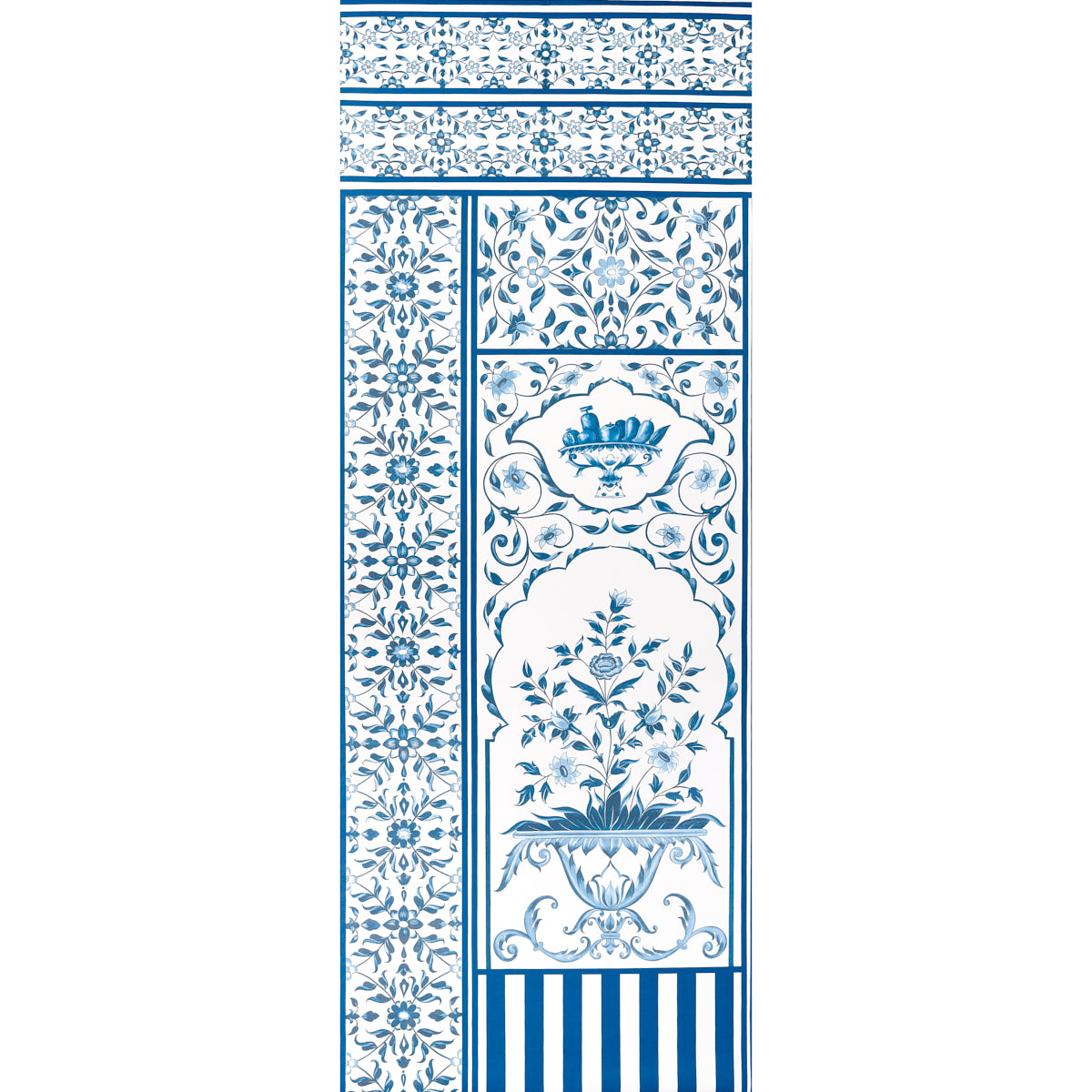Mughal Garden Panel A in blue by Schumacher, a digitally printed floral fretwork wallpaper panel inspired by Dutch ceramics and Indian motifs, designed by Marie-Anne Oudejans.