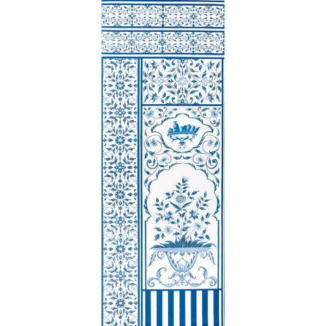 Mughal Garden Panel A in blue by Schumacher, a digitally printed floral fretwork wallpaper panel inspired by Dutch ceramics and Indian motifs, designed by Marie-Anne Oudejans.