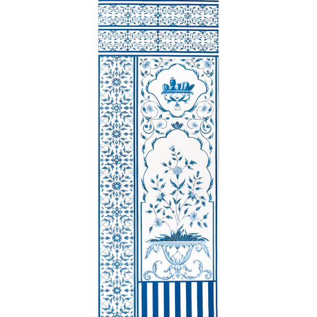 Mughal Garden Panel B in blue by Schumacher, a detailed floral fretwork wallpaper panel inspired by Dutch ceramics and Indian motifs.