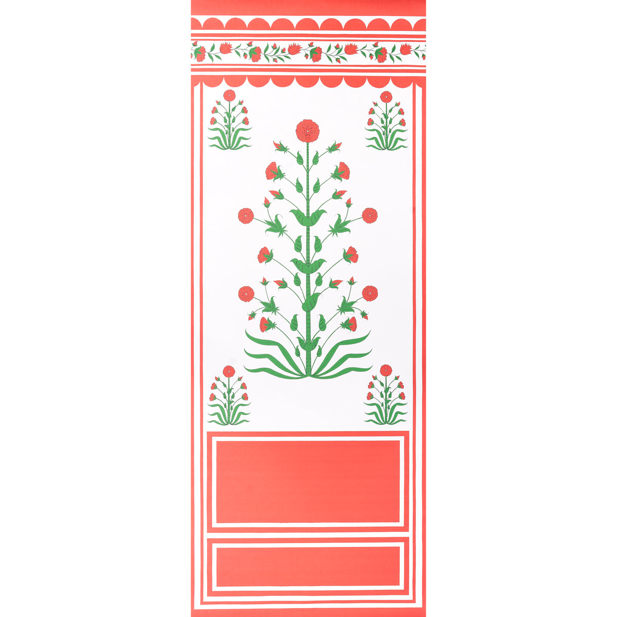 Royal Poppy Panel A wallpaper in red by Marie-Anne Oudejans for Schumacher, featuring stylized poppy flowers and scalloped borders.