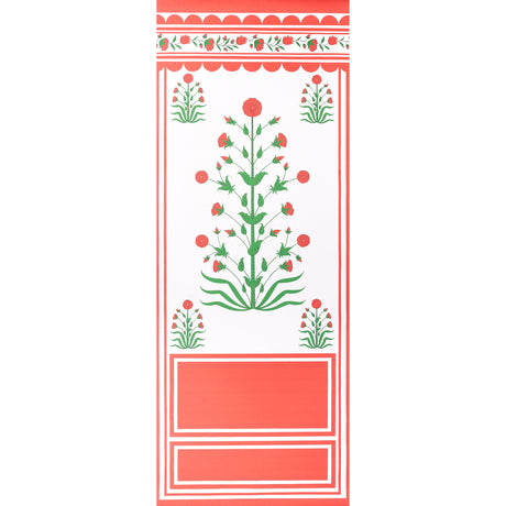 Royal Poppy Panel A wallpaper in red by Marie-Anne Oudejans for Schumacher, featuring stylized poppy flowers and scalloped borders.