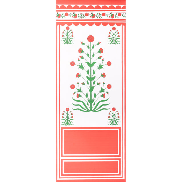 Royal Poppy Panel A wallpaper in red by Marie-Anne Oudejans for Schumacher, featuring stylized poppy flowers and scalloped borders.