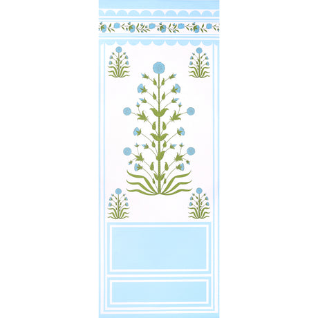 Royal Poppy Panel A wallpaper in blue by Marie-Anne Oudejans for Schumacher, featuring stylized blue flowers and scalloped borders.