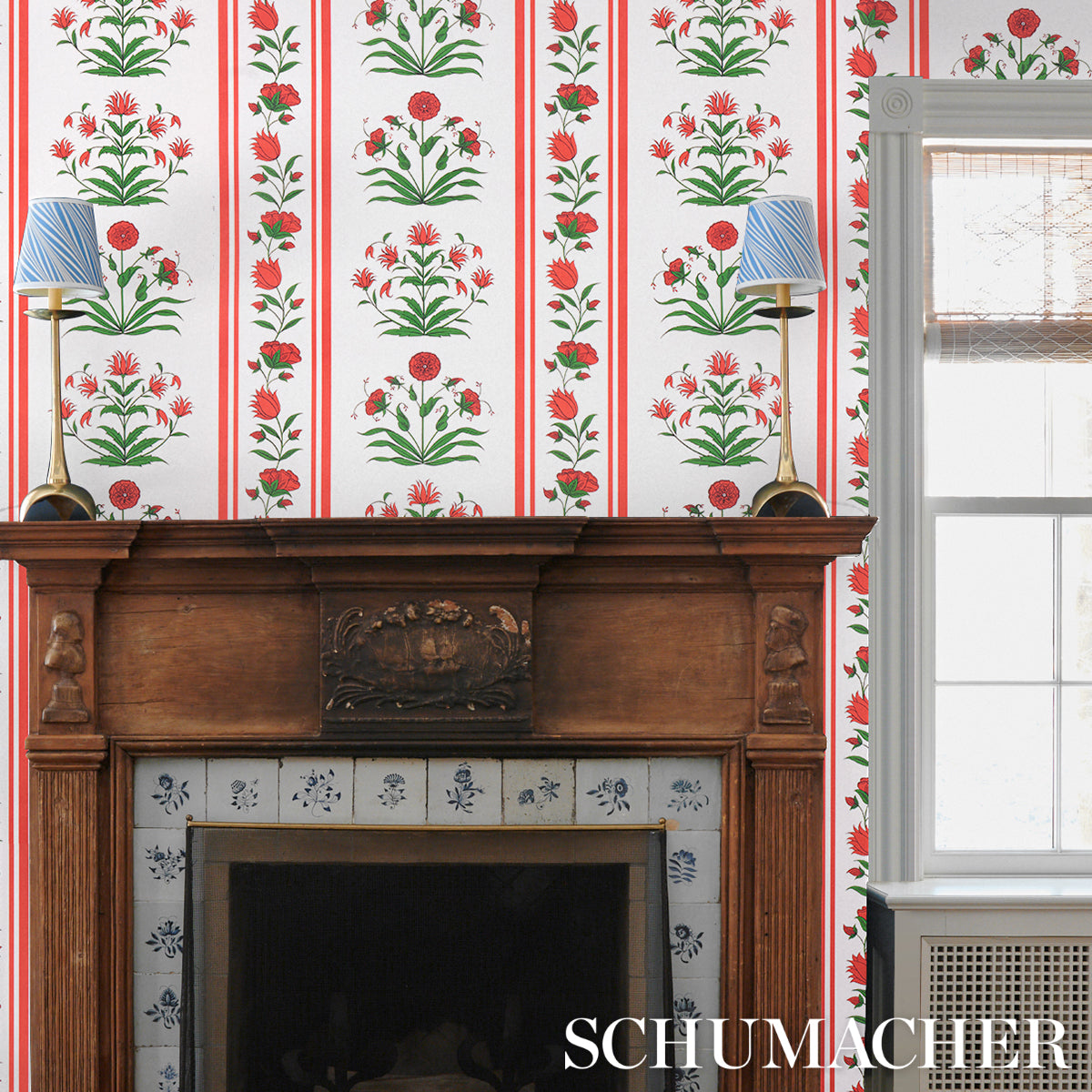Poppy Stripes Red by Marie-Anne Oudejans Floral Stripe Wallpaper – Schumacher 5014450