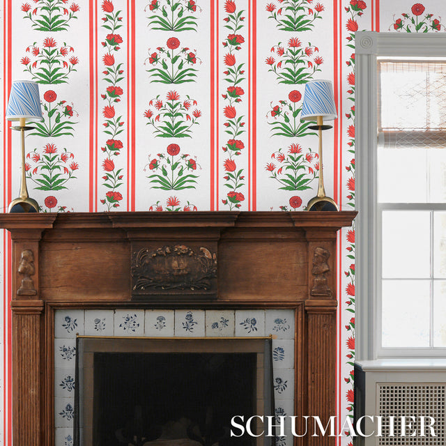 Poppy Stripes Red by Marie-Anne Oudejans Floral Stripe Wallpaper – Schumacher 5014450