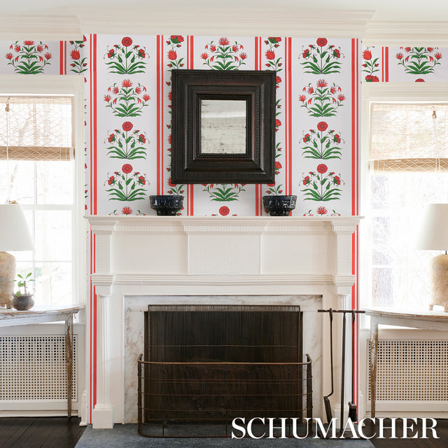 Poppy Stripes Red by Marie-Anne Oudejans Floral Stripe Wallpaper – Schumacher 5014450
