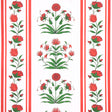 Poppy Stripes wallpaper in red by Marie-Anne Oudejans for Schumacher, featuring stylized floral motifs and multi-width stripes.