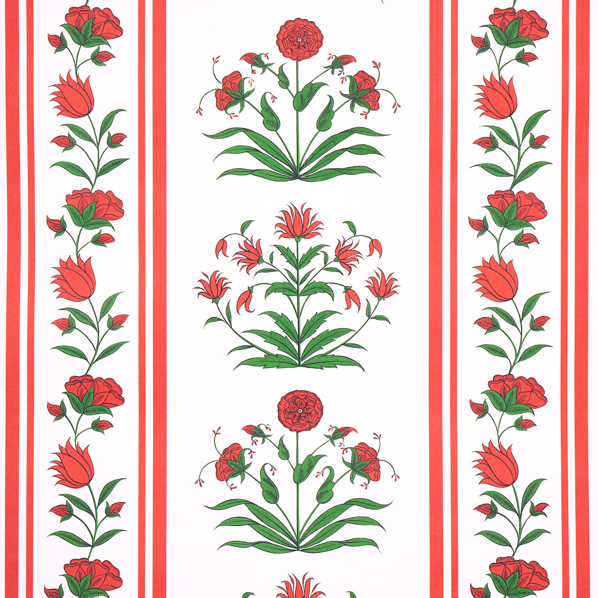 Poppy Stripes wallpaper in red by Marie-Anne Oudejans for Schumacher, featuring stylized floral motifs and multi-width stripes.