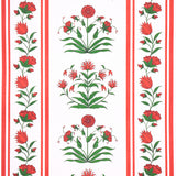 Poppy Stripes wallpaper in red by Marie-Anne Oudejans for Schumacher, featuring stylized floral motifs and multi-width stripes.