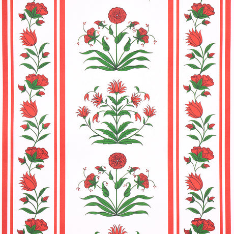 Poppy Stripes wallpaper in red by Marie-Anne Oudejans for Schumacher, featuring stylized floral motifs and multi-width stripes.