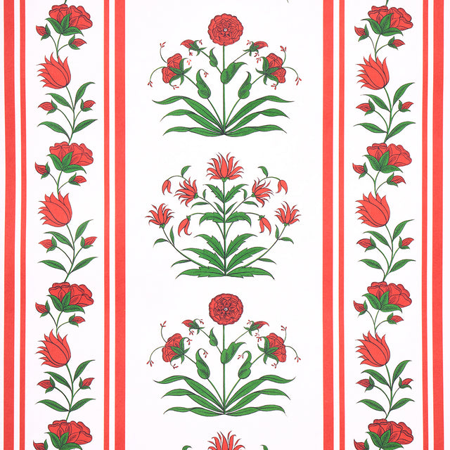 Poppy Stripes wallpaper in red by Marie-Anne Oudejans for Schumacher, featuring stylized floral motifs and multi-width stripes.