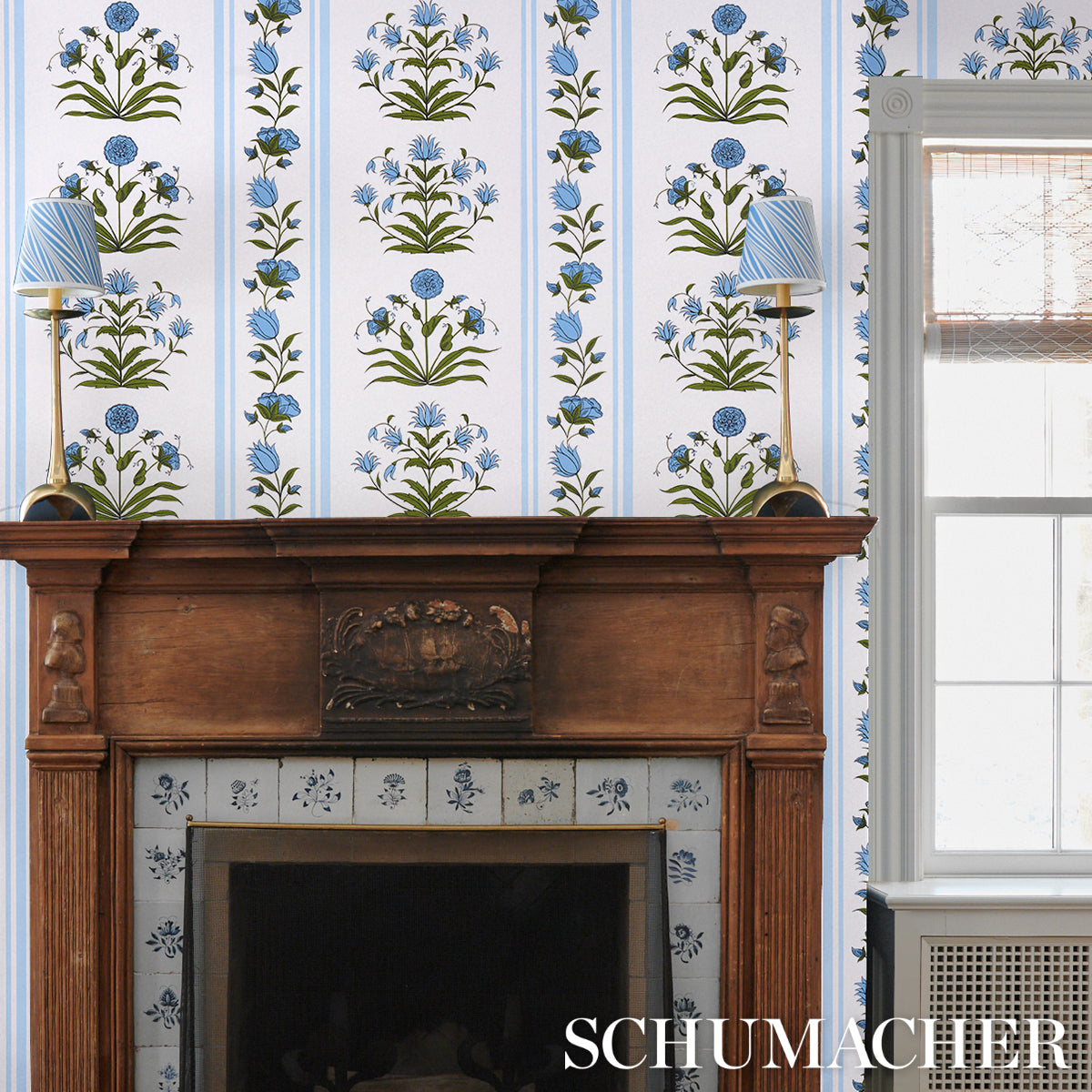 Poppy Stripes Blue by Marie-Anne Oudejans Floral Stripe Wallpaper – Schumacher 5014451